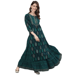 Ishin Women's Cotton A-Line Embroidered Kurta suit set With Skirt