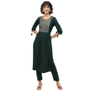 NAINVISH Women Green A-Line Crepe Kurti with Pant