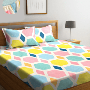 KLOTTHE Multicoloured Geometric 300 TC Fitted Double Bedsheet with 2 Pillow Covers