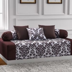 SWAYAM Brown & Off-White Printed Diwan Set with Bolster & Cushion Covers