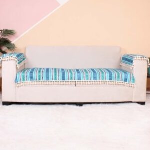 STITCHNEST Blue & White Printed Jacquard 3-Seater Sofa Cover