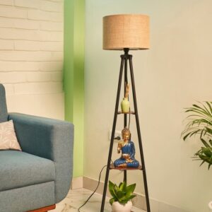 Crosscut Beige & Black Metal Cylinder Shaped Floor Lamp With Shelves