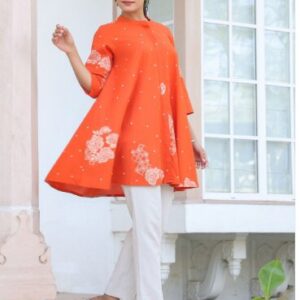 Janasya Women's Orange Pure Cotton Floral Printed Flared Tunic