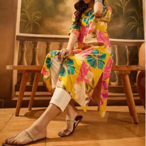 Sangria Floral Printed Mandarin Collar A-line Kurta