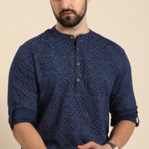 Anouk Men Geometric Printed Cotton Indigo Short Kurta