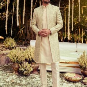 KISAH Men Self-Design Cotton Indowestern Sherwani Trouser Set
