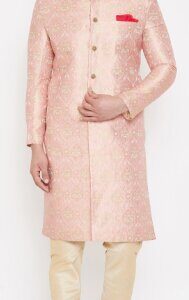 VASTRAMAY Men Pink & Gold-Coloured Slim Fit Brocade Woven Design Sherwani Set