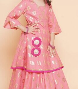 Bitiya by Bhama Girls Foil Printed V-Neck Lehenga & Blouse With Dupatta