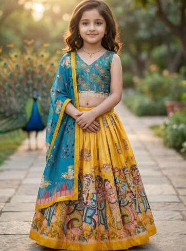 KALINI Girls Printed Foil Print Ready to Wear Lehenga & Blouse With Dupatta
