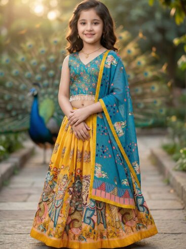 KALINI Girls Printed Foil Print Ready to Wear Lehenga & Blouse With Dupatta