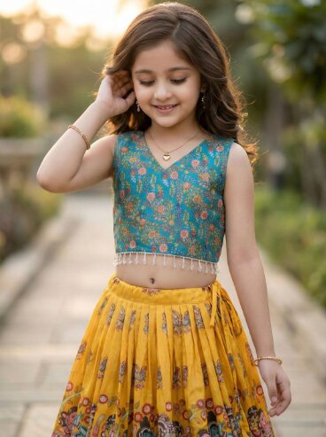 KALINI Girls Printed Foil Print Ready to Wear Lehenga & Blouse With Dupatta